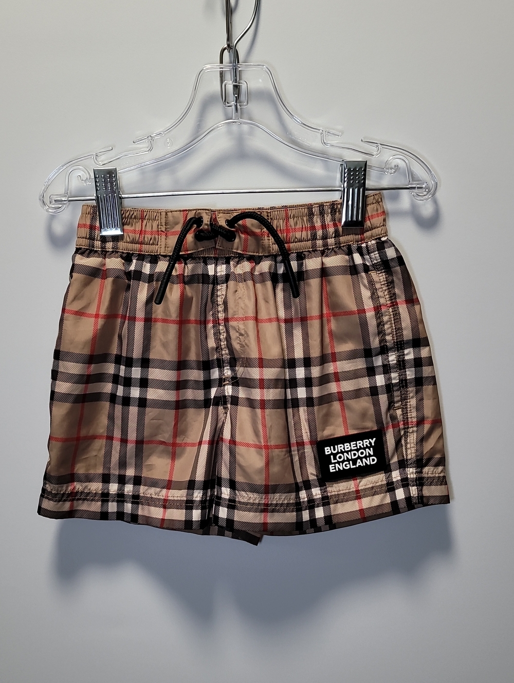 Burberry Kids Beige Plaid Swim Shorts with Black & Red Accents